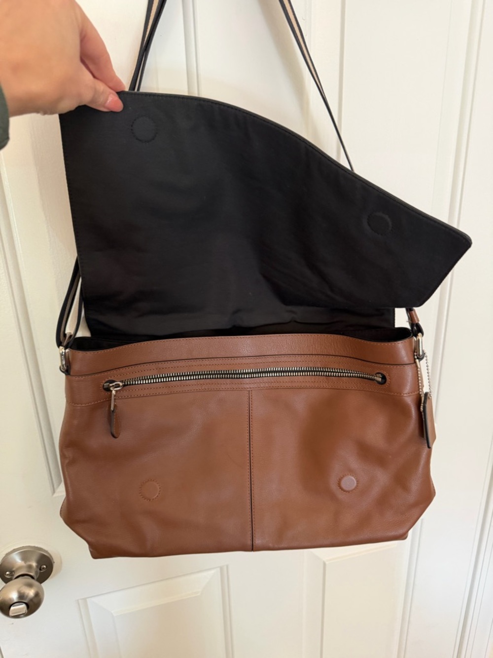 Coach Tan Leather Messenger Bag with Striped Strap - Picture 7 of 10